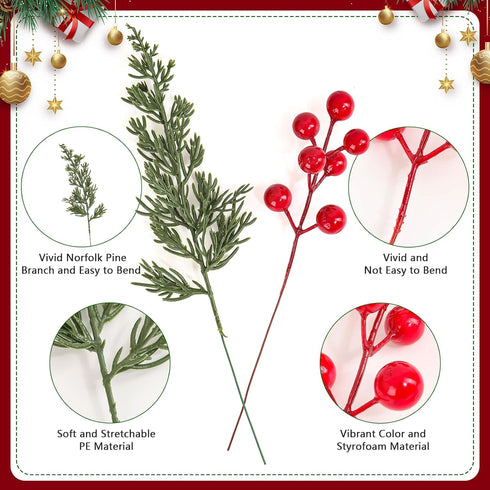 50 10.5" Dapclca Pcs Christmas Artificial Pine Branches with Red Berry Stems, Faux Evergreen Norfolk Pine Cypress