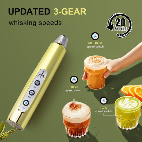 YUSWKO Champagne Gold Handheld Milk Frother Wand - Rechargeable Electric Whisk with 3 Heads, 3 Speeds for Drinks