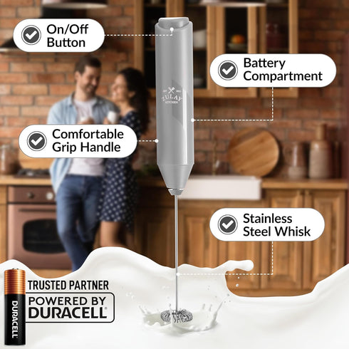 Zulay Kitchen Duracell Powered Milk Frother - Handheld Foam Maker for Coffee, Latte, Matcha, Mini Foamer by Milk Boss