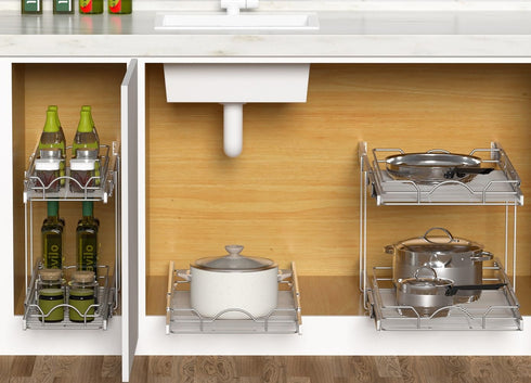 OCG Pull Out Cabinet Organizer (12" W x 21" D), Slide Out Drawers for Kitchen Cabinets, Chrome Finish - Bottom Mount