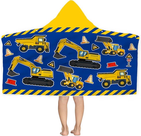 Kids Beach Towel with Hood - Excavators Vehicles Theme for Boys & Girls, Microfiber Soft Bath Poncho Wrap Robe