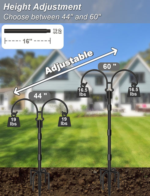 60 Inch 5 Hummingbird 1 Adjustable Double Shepherds Hooks for Outdoor with Sleeve, Heavy Duty Bird Feeder Pole Stand