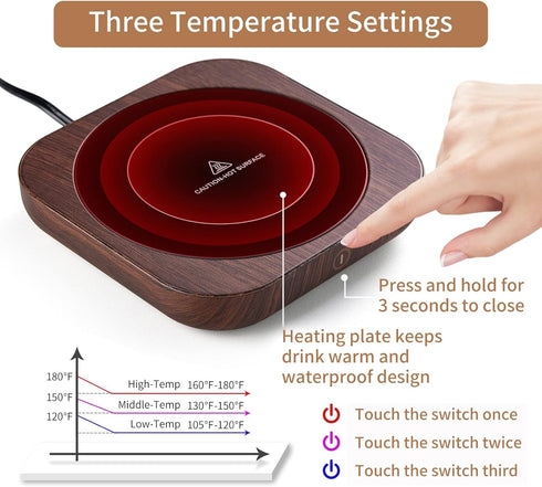3 Settings, 54-Inch Coffee Mug Warmer with Auto Shut Off, Temperature Brown Wood Grain Design, Electric Beverage Heater