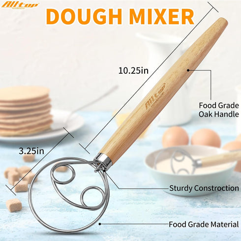 ALLTOP Danish Dough Whisk - Ultimate Dutch Mixer Hand Utensil with Stainless Steel Dough Hook - Essential Sourdough Stirring Stick for Perfect Bread Making Tool by ALLTOP