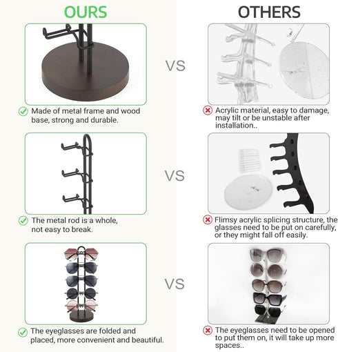 Mkono Sunglasses Organizer for 5 Pairs, Glasses Holder Stand with Metal Frame and Wood Base for Table Display