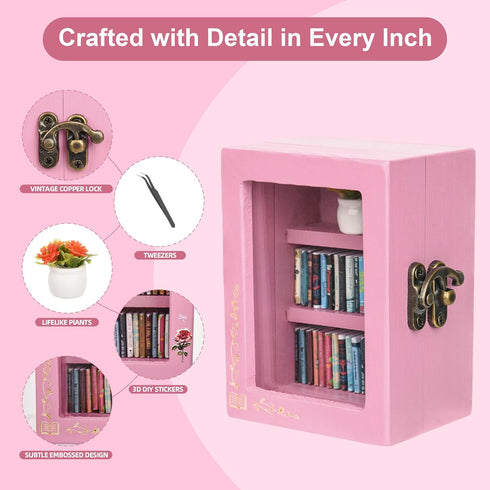 Pawnoc 60pcs Mini Bookshelf, with Mini Books, Plant Flowers, and Tweezers, Anxiety Bookshelf for Book Lovers