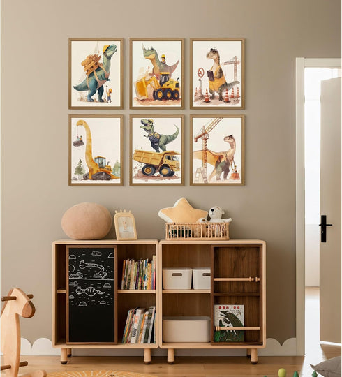Youillne 8x10 Inch Set 6 Dinosaur Nursery Wall Art Boys Room Canvas Wall Decor Construction Toddler Poster Kids Dino