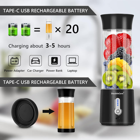 Portable Blender for Shakes and Smoothies, 500ml Electric Juicer, 4000mAh USB Rechargeable Fresh Juice Blender for