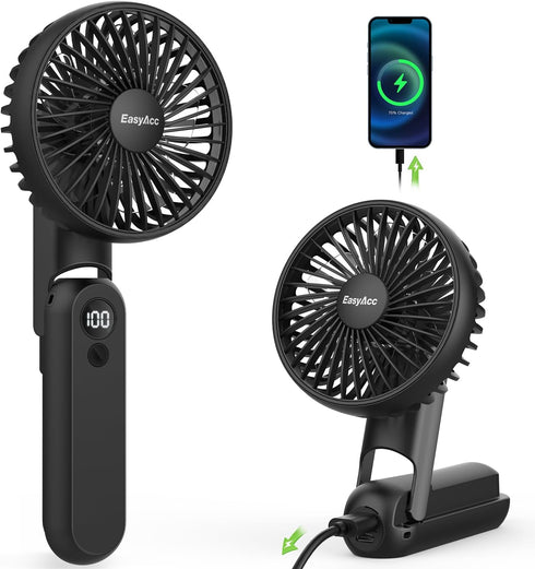 EasyAcc Portable Handheld Fan, 4000 Battery, Rechargeable, Ultra Quiet Powerful, 5 Speed, Digital Display, Lanyard,