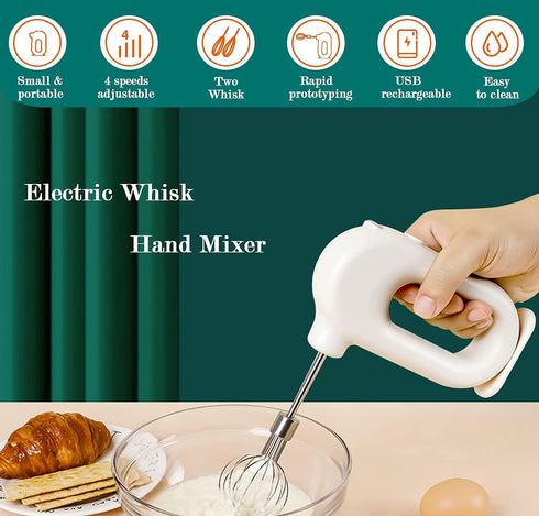 MINI Cordless Electric Hand Mixer, USB Rechargeable Handheld Egg Beater with 2 Whisks, 4 Speed Modes, Pink