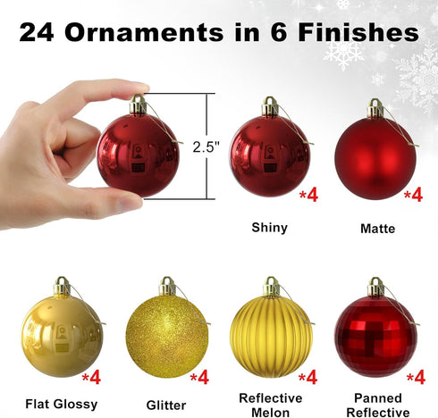 Red & Gold 2.5" Christmas Balls, Shatterproof Hanging Ornaments for Birthday Halloween Holiday Wedding Decorations, Set