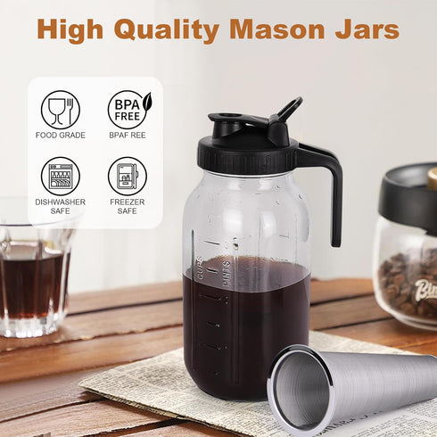 Cold Brew Coffee Maker, 64 oz Wide Mouth Mason Jar Pitcher with Stainless Steel Filter, Pour Spout Handle Lid, Heavy Duty Glass Airtight & Leak-Proof Pitcher for iced coffee & Tea Lemonade by QHH