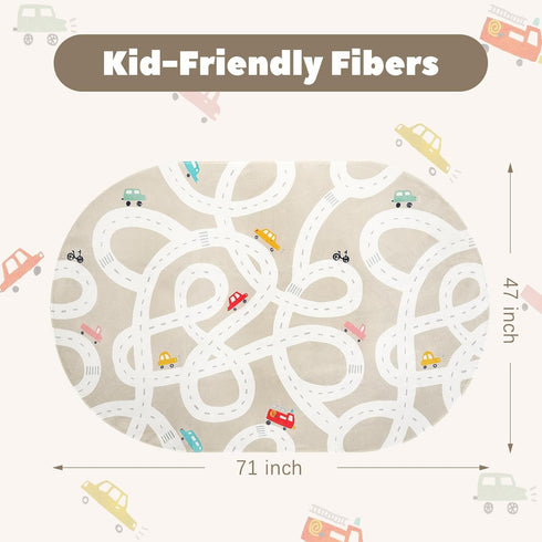 4'x6' STARUIA Large Kids Rug for Playroom, Washable Road Rug for Nursery, Non-Slip Car Rugs for Boys Room, Tan Traffic