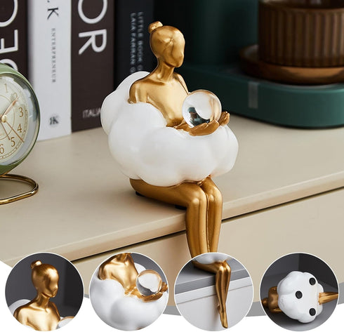 Gold Home Decor Women Thinker Statue, Modern Bookshelf Figurines Accent Decorations for Living Room, Resin Abstract Art