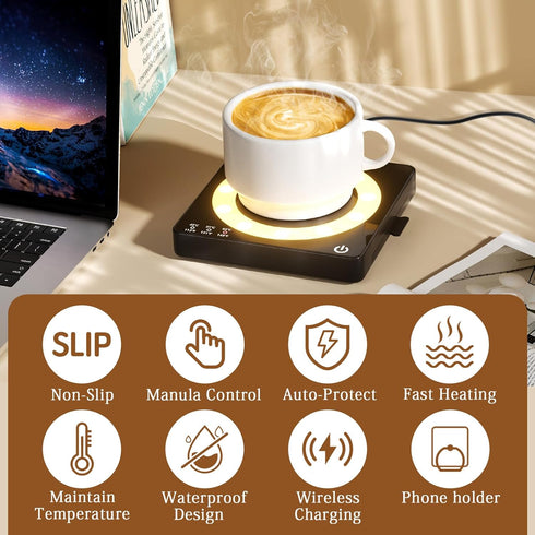 15W 3 Settings 8H Coffee Mug Warmer, Smart Mug Warmer, Wireless Phone Charging, Heat Temperature Controlled, Auto Off