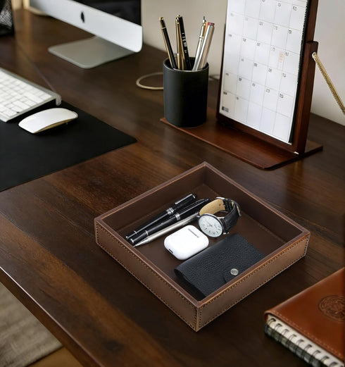8 8 1.8 inches HofferRuffer Faux Leather Vanity Tray, Elegant Desktop Storage Organizer, Decorative Catchall