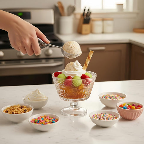 6 Pack Set, 9 oz ZOOFOX Glass Ice Cream Bowl Footed Fruit Parfait Cups, Embossed Design Glass Dessert Bowls for Sundae