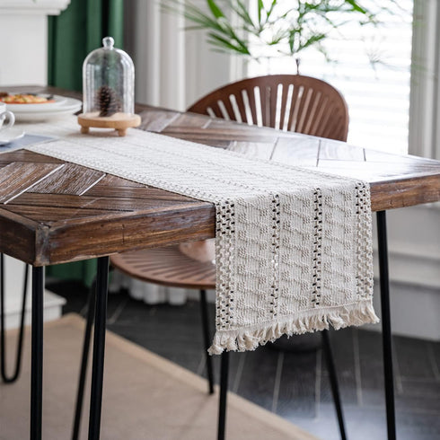 Table(12x71in) Alynsehom Macrame Table Runner Cream Beige Boho Table Runners with Tassels Hand Woven Cotton Table