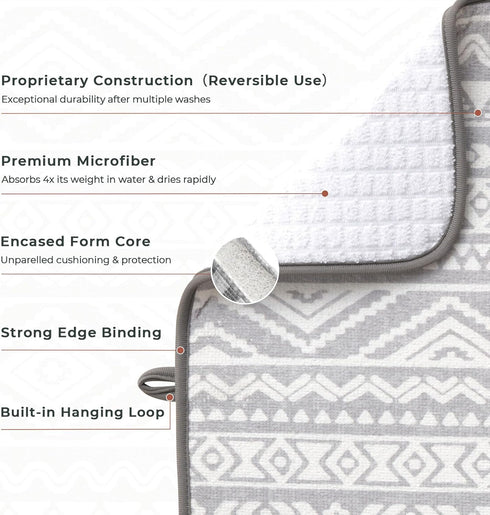 FRESHMINT Printed Dish Drying Mats 2 Pack, Absorbent Microfiber Kitchen Countertop Protector, Extra Large 18"x16"