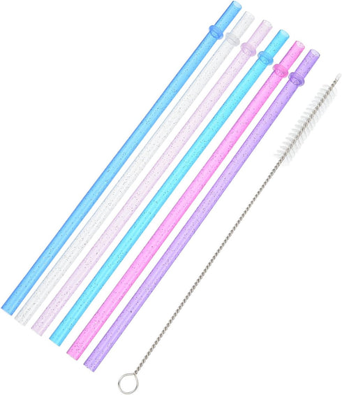 Hestya 25 Pcs Glitter Reusable Plastic Straws, 9 Inches Long Hard Plastic with Brush, 6 Colors for Tumblers