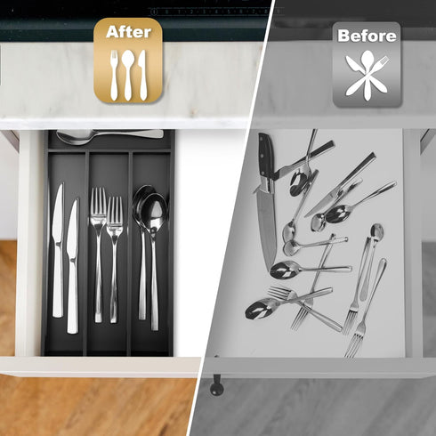 Silverware Organizer Small Bamboo Kitchen Drawer, Utensil Holder, Flatware Organizer Tray, Black, 4 Slots