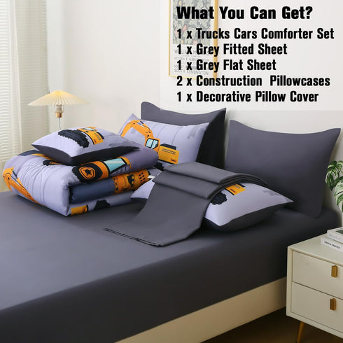 Sets Kids,6 3D Set Set,Trucks JQinHome Construction Twin Bedding for Boys Piece Bed in A Bag Cartoon Car Excavator