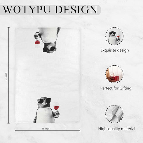WOTYPU 16x24 Inch Set 2 Funny Penguin Kitchen Bar Towels, Penguin Gifts for Women Men, Gifts for Wine Beer Lovers