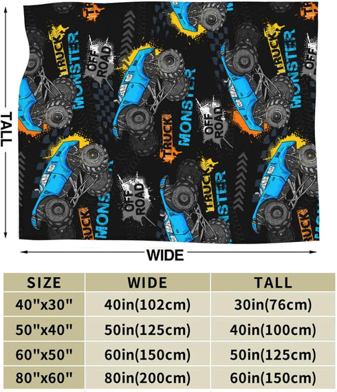 Jbofyee 80x60 Inch Monster Trucks Cars Throw Blankets All Season Ultra Soft Warm Gift for Boys Fleece Blanket for Home