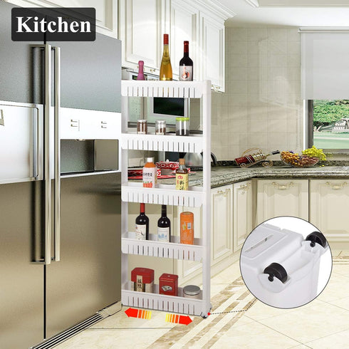 Laundry Room Organizer, Mobile Shelving Unit with 5 Large Storage Baskets for Narrow Spaces