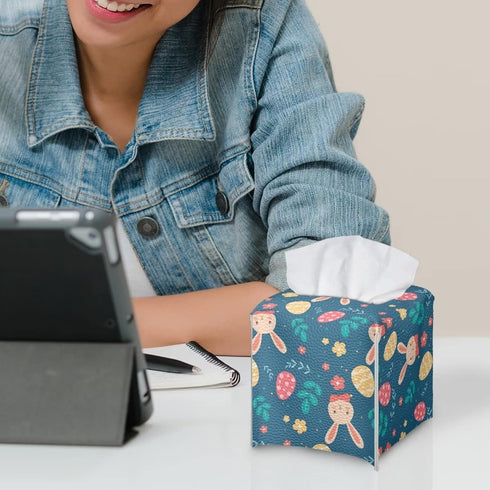 Biyejit Cute Easter Rabbit Eggs Tissue Box Cover, Square PU Leather Holder with Bottom Strap for Bathroom, Vanity, Desk