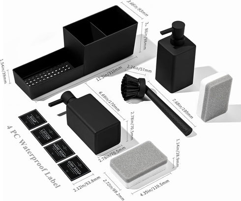 Set 4-in-1 Kitchen Soap Dispenser with Sponge Holder and Brush for Sink Rack Hand Soap and Dish Soap Dispensers Black