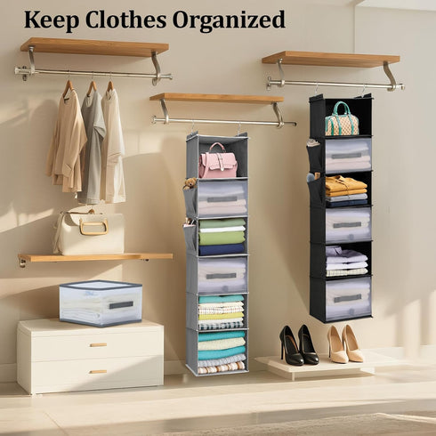 6-Tier Closet Closet Hanging Organizer with Drawers and Side Pockets Versatile Storage for Shoes, Hats, Belts