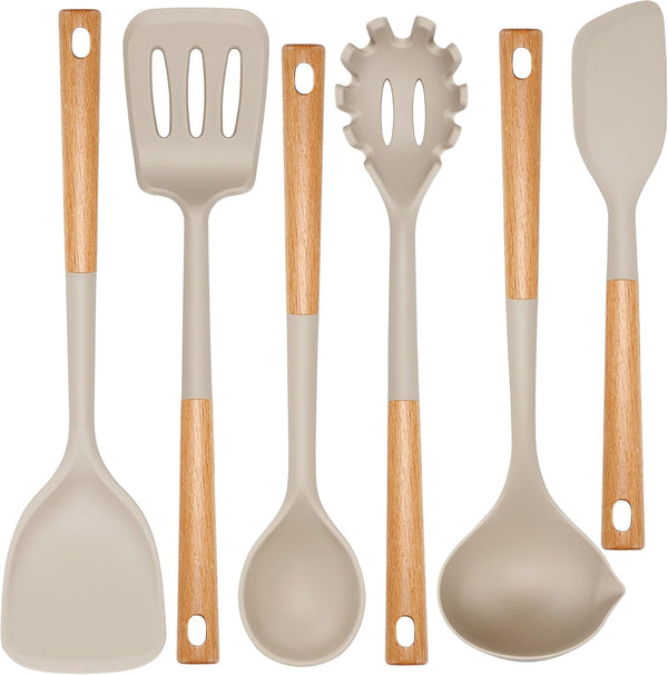 NCUE Large Non-stick Silicone Kitchen Utensils Set, 6 Pcs with Wooden Handle, BPA Free