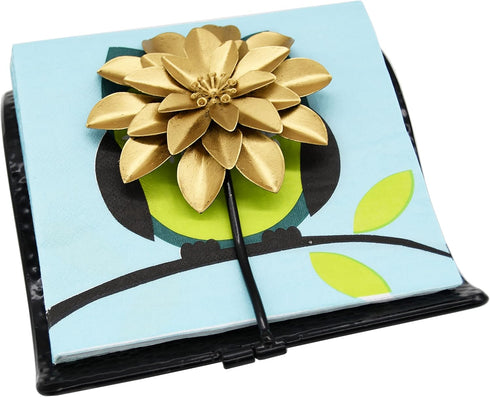 Counter OwlGift Black Flat Napkin Holder w/Golden Flower Weighted Arm, Metal Cocktail Napkin Dispenser, Kitchen Paper