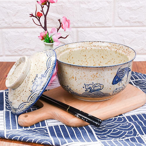 Ramen Bowl with Lid, Japanese Style 25.4 OZ Big Ceramic Bowl for Soup, Rice Noodle, and Porridge, Microwave Safe