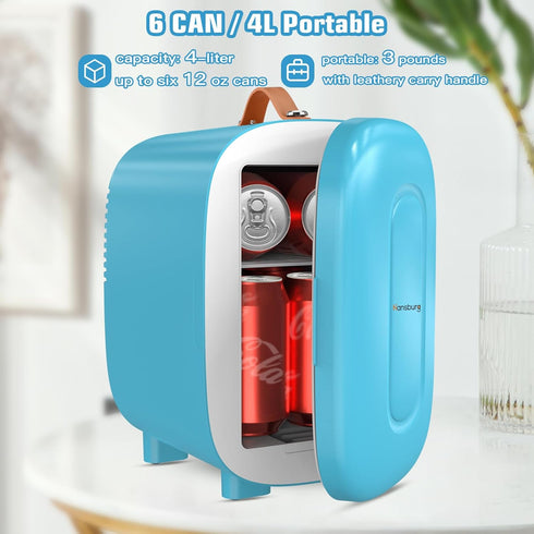 Mini Fridge for Bedroom Skincare Cooler & Warmer Portable Small Refrigerator 4 Liter/6 Can with 12v AC/DC/USB Option