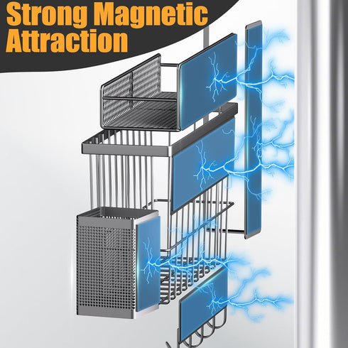 Magnetic Spice Rack for Refrigerator, 7 Pack Metal Magnetic Shelf, Moveable Storage Organizer, Spice Organizer, Hook
