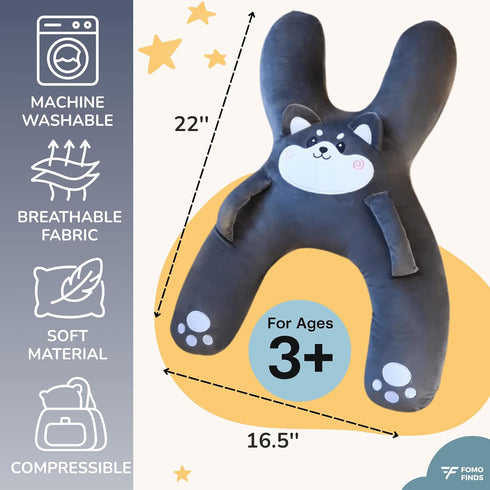 Kids Car Sleeping Pillow - X-Shaped Plush Animal for Neck & Back Support - Hands & Seat Belt Slot - Machine Washable