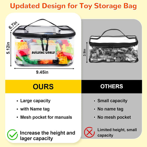 6 Pack Tesuko Clear Toy Storage Bag with Name Tag& Manual Pocket, Waterproof Transparent PVC Toy Organizer Case