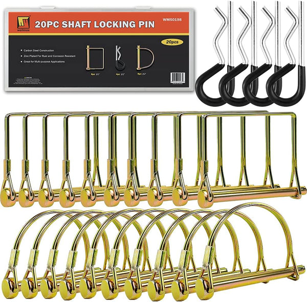 Wellmax 20 Pcs Zinc-Plated Heavy Duty Safety Pins, 1/4 Diameter, Bonus 4 Pcs Trailer Hitch Pin (Gold)