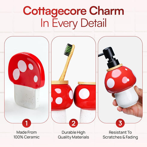 Set Mushroom Bathroom Decor Ceramic Soap Dispenser, Toothbrush Holder, Canister, and Soap Dish with Bamboo Accessories