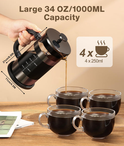 French Press Coffee Maker, 34oz Classic Heat-resistant Borosilicate Glass Pot with 4-Level Filters, Portable Cold Brew