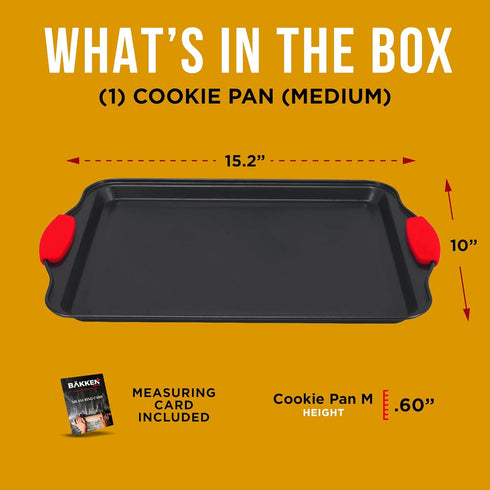 Nonstick Cookie Sheet Pan, Carbon Steel Oven Tray with Red Silicone Handles, Medium Bakeware Pan with Gray Coating