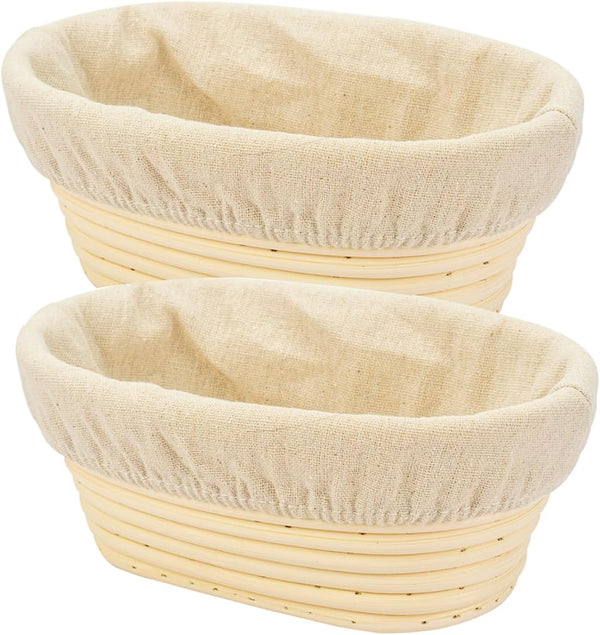 2 PCS 8 Inch Oval Long Banneton Brotform, Rattan Bread Dough Proofing Rising Basket & Liner for Bakers