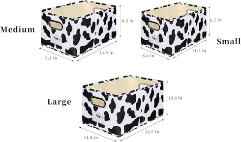 Foldable Animal Cow Storage Bins Set of 3, Collapsible Fabric Organizer Boxes with Handles, 10L, 19L, 34L