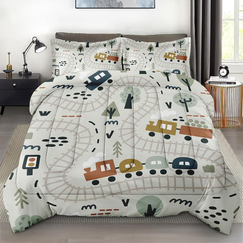 Comforter Set with Pillowcase Twin Size, Cute Forest Car Train City Map,