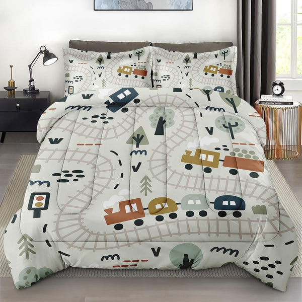 Comforter Set with Pillowcase Twin Size, Cute Forest Car Train City Map,
