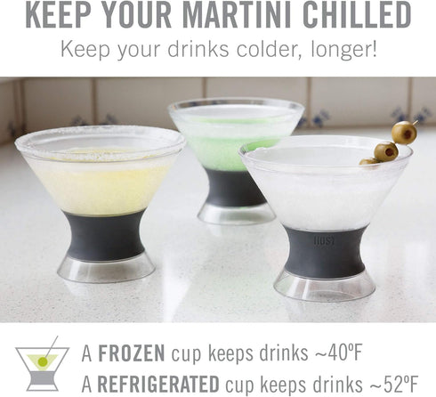 Host Freeze Insulated Martini Cooling Cups, 2 Pack, 9 oz, Plastic Freezer Gel Chiller, Grey