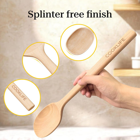 Beech Wooden Spoons for Cooking - Large Natural Beech Cooking Utensils with Smooth Finish