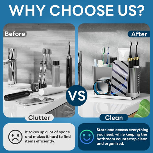 Countertop 6 Bathroom Organizer with Front Ledge for Phone, Detachable Kids Toothbrush Holders with Cord Slots and Ring